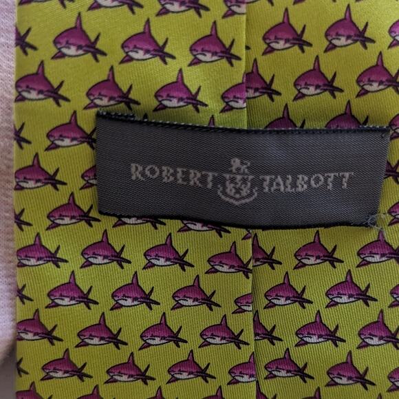 Men's Pink Shark Silk Preppy Tie Green Robert Talbott Made in USA Nautical Beach - Picture 2 of 6
